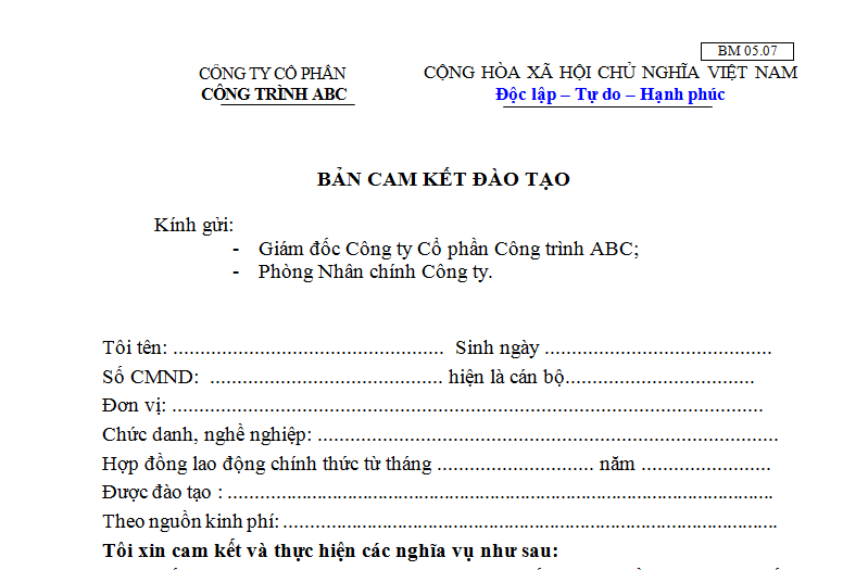 Mẫu bản cam kết đào tạo lao động